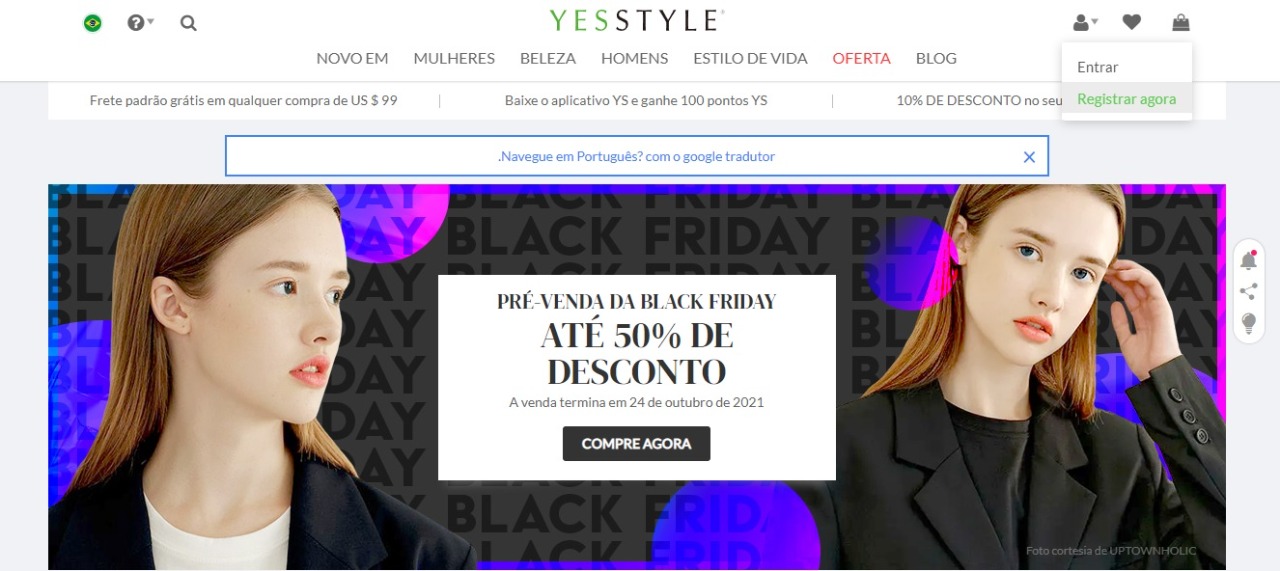 Página oficial da YesStyle - Clique em ‘traduzir para português’ no navegador/imagem: reprodução YesStyle https://www.yesstyle.com