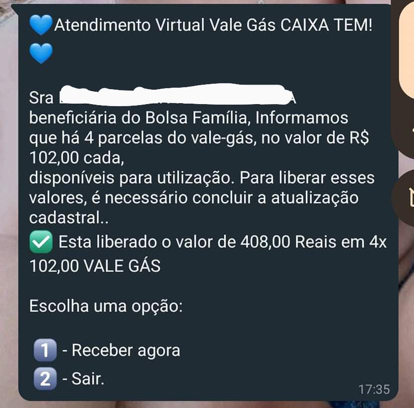 Mensagem de golpe do Auxílio-gás.