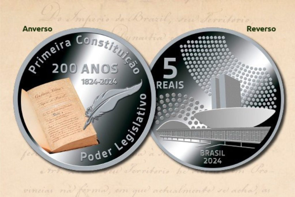 Verso e anverso da moeda comemorativa de R$ 5,00.